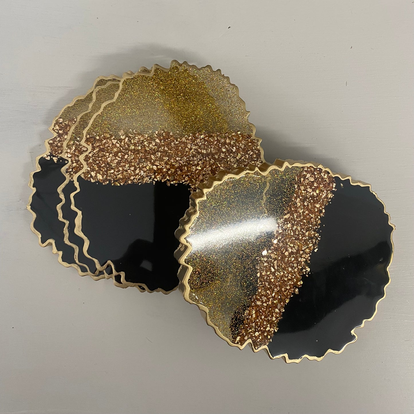 Handmade resin black and gold coasters - set of 4