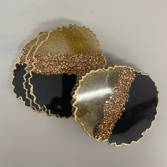 Handmade resin black and gold coasters - set of 4