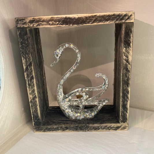 Handmade resin swan in light box