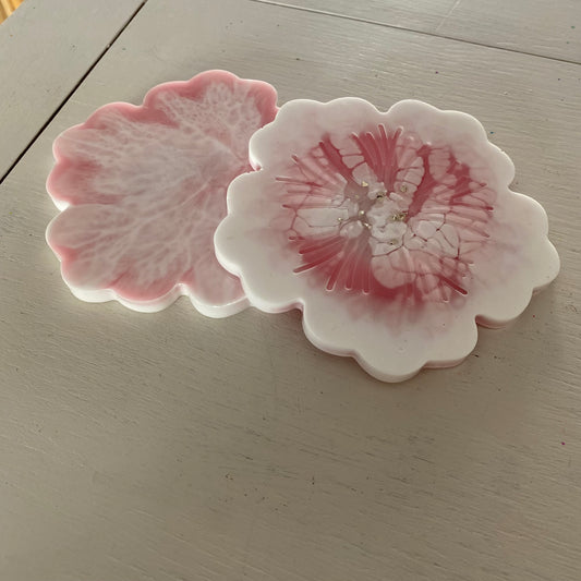 Handmade resin pink and white coasters set of 2
