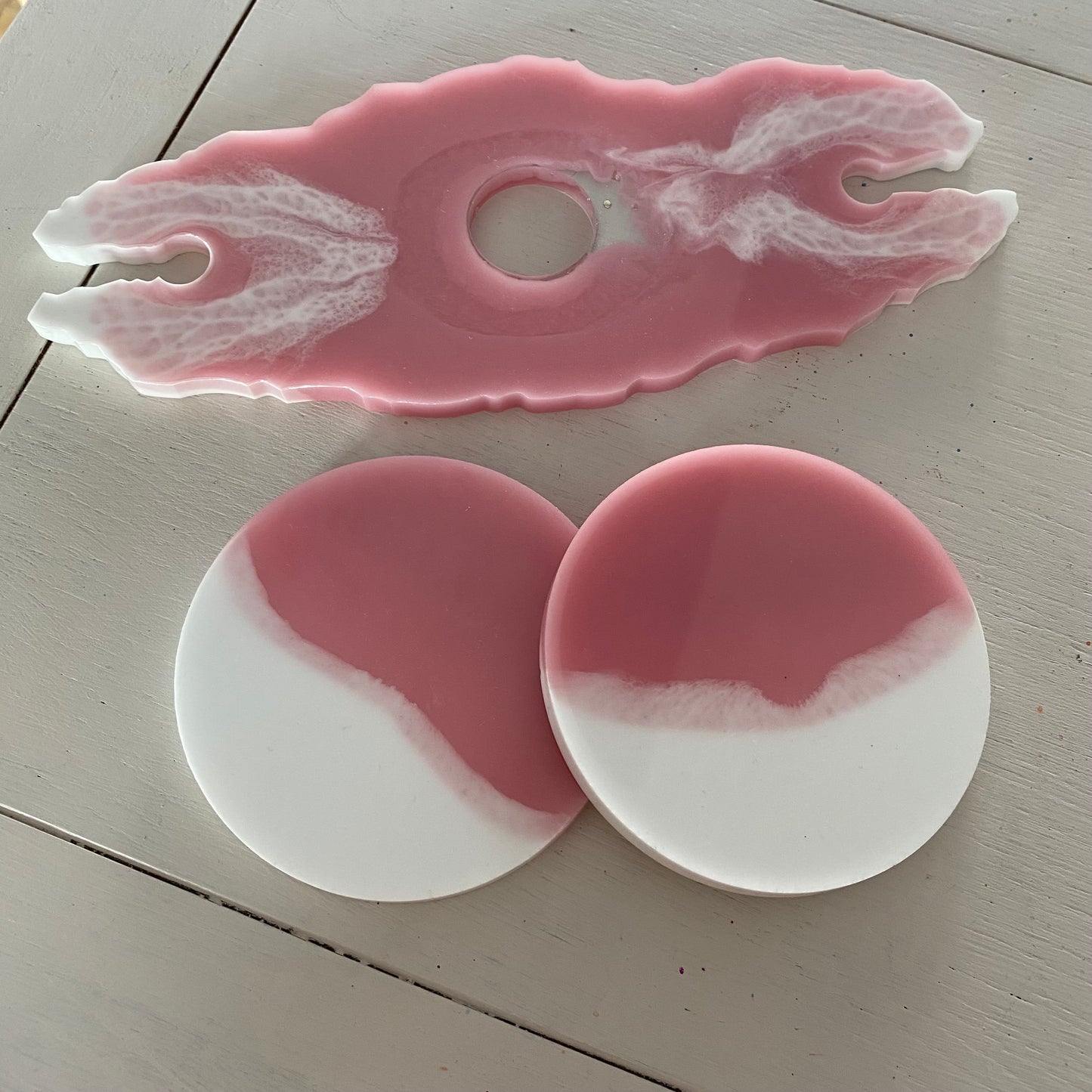 Handmade resin bottle and glass holder with coasters