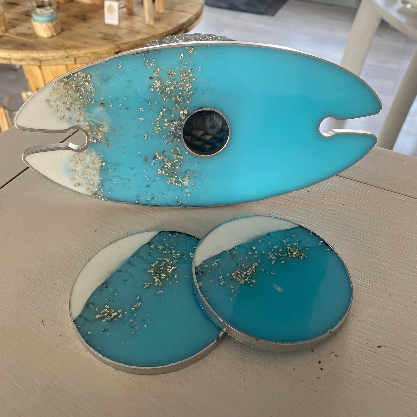 Handmade resin bottle and glass holder with coasters