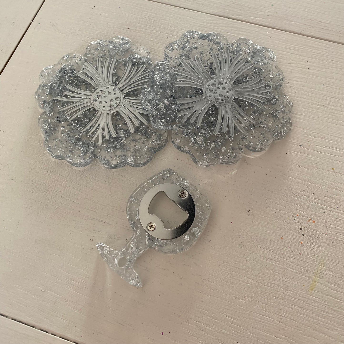 Resin bottle opener and coasters set