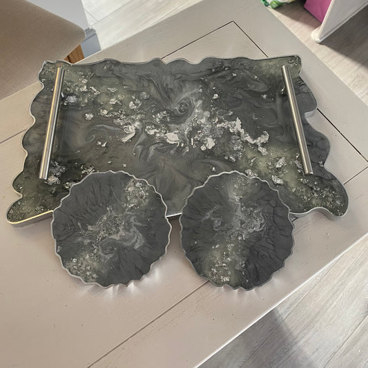 Resin vanity/bar tray and coasters set