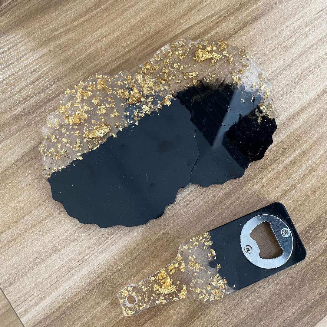 Resin bottle opener and coasters set