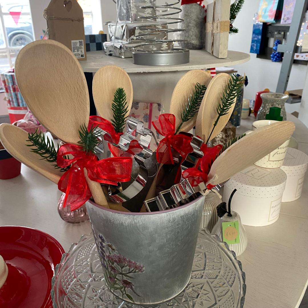 Wooden spoon and christmas cookie cutter gift set